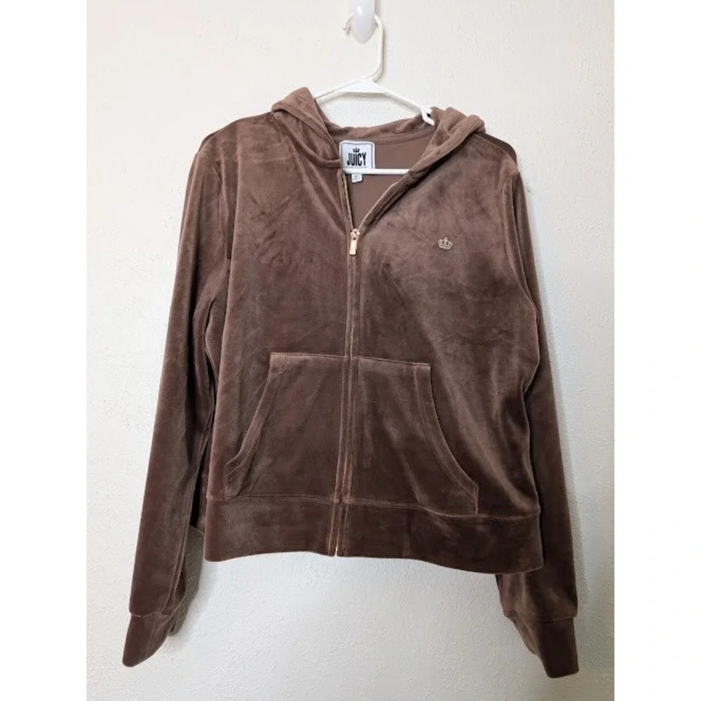 Juicy Couture Velour Zip Hoodie Jacket XL Brown Velvet‎ Full Zip Y2K Preppy